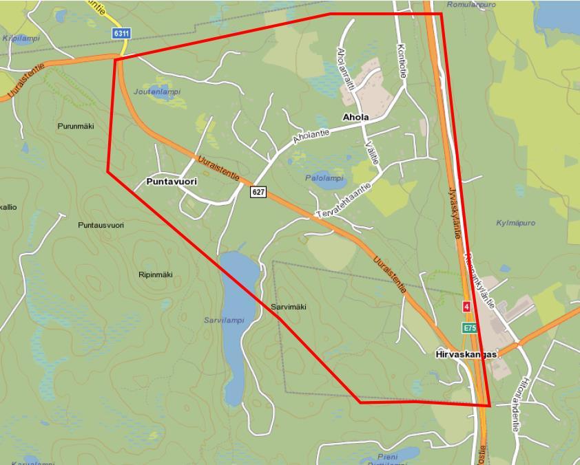 1 SUUNNITTELUKOHDE Suunnittelualue sijaitsee osittain Uuraisten kunnan ja osittain Äänekosken kunnan puolella. Hirvaskankaan alue sijoittuu valtatien 4 ja Uuraistentien eritasoliittymän läheisyyteen.