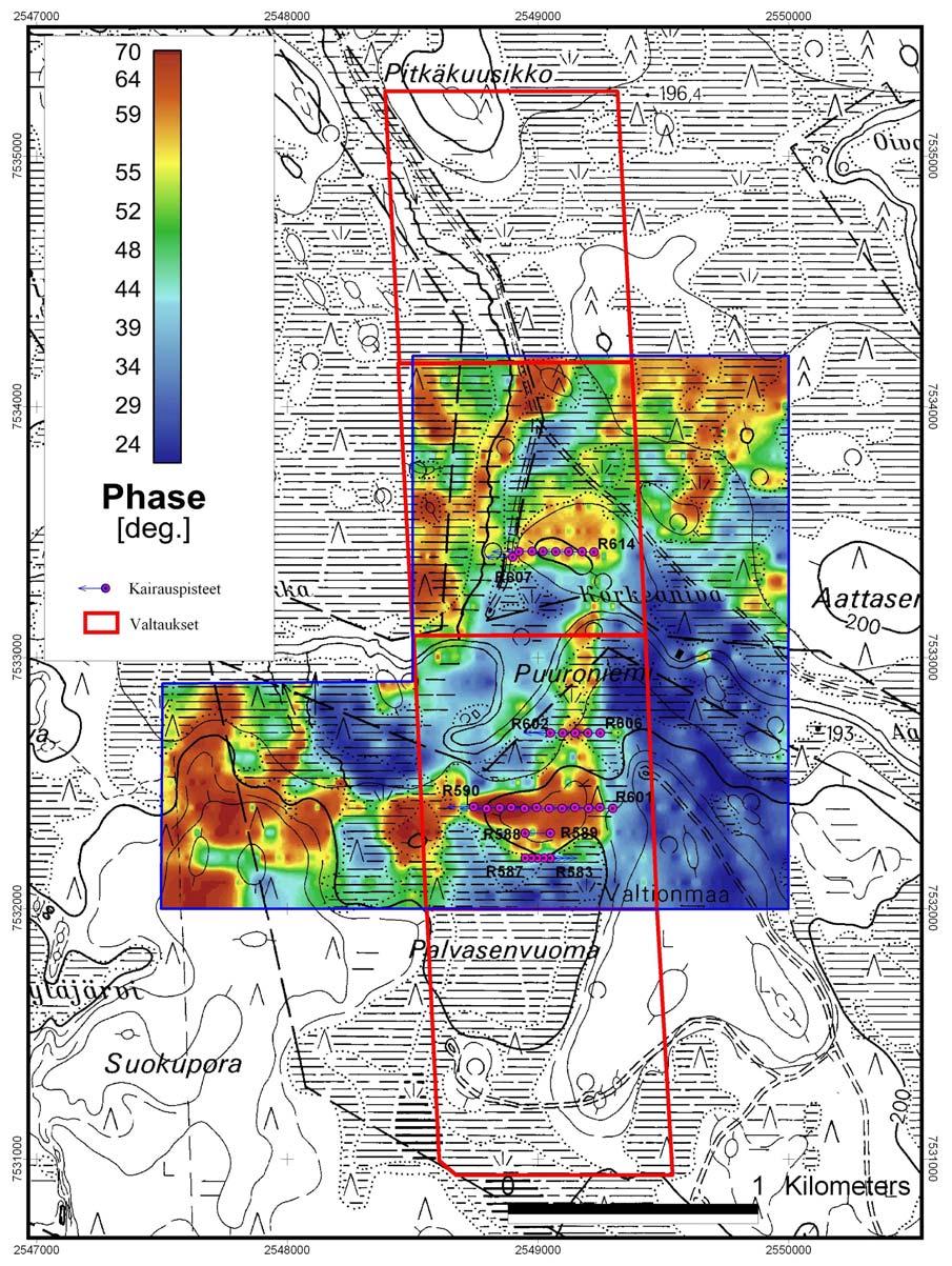 M06/2743/2006/1/10 Kuva 2. Sähkömagneettinen kartta valtausalueilta Puuroniemi 1-4; VLF-R mittausten vaihekulma. Kuvassa esitetty myös kairauspisteet.