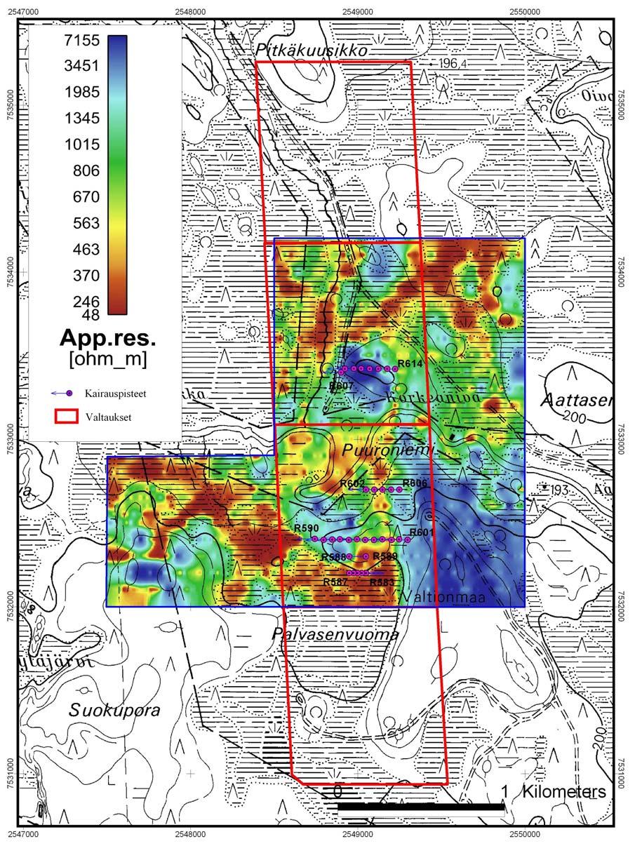 M06/2743/2006/1/10 Kuva 3. Sähkömagneettinen kartta valtausalueilta Puuroniemi 1-4; VLF-R mittausten näennäinen omi- naisvastus. Kuvassa esitetty myös kairauspisteet.