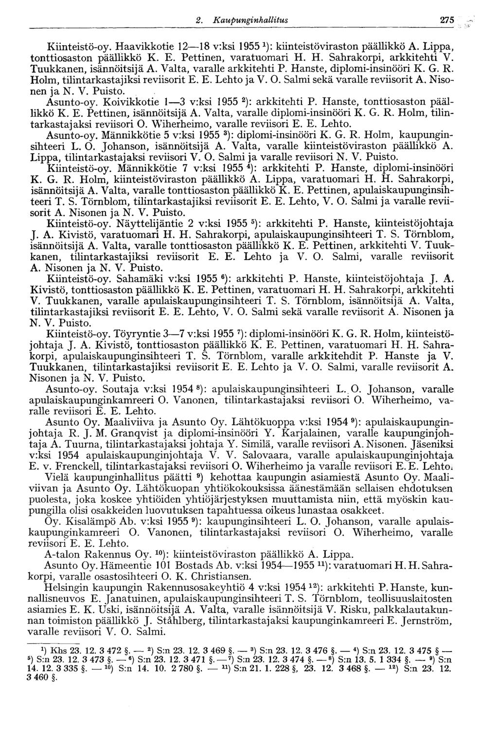 275 2. Kaupunginhallitus 182 Kiinteistö-oy. Haavikkotie 12 18 v:ksi 1955-1 ): kiinteistöviraston päällikkö A. Lippa, tonttiosaston päällikkö K. E. Pettinen, varatuomari H. H. Sahrakorpi, arkkitehti V.