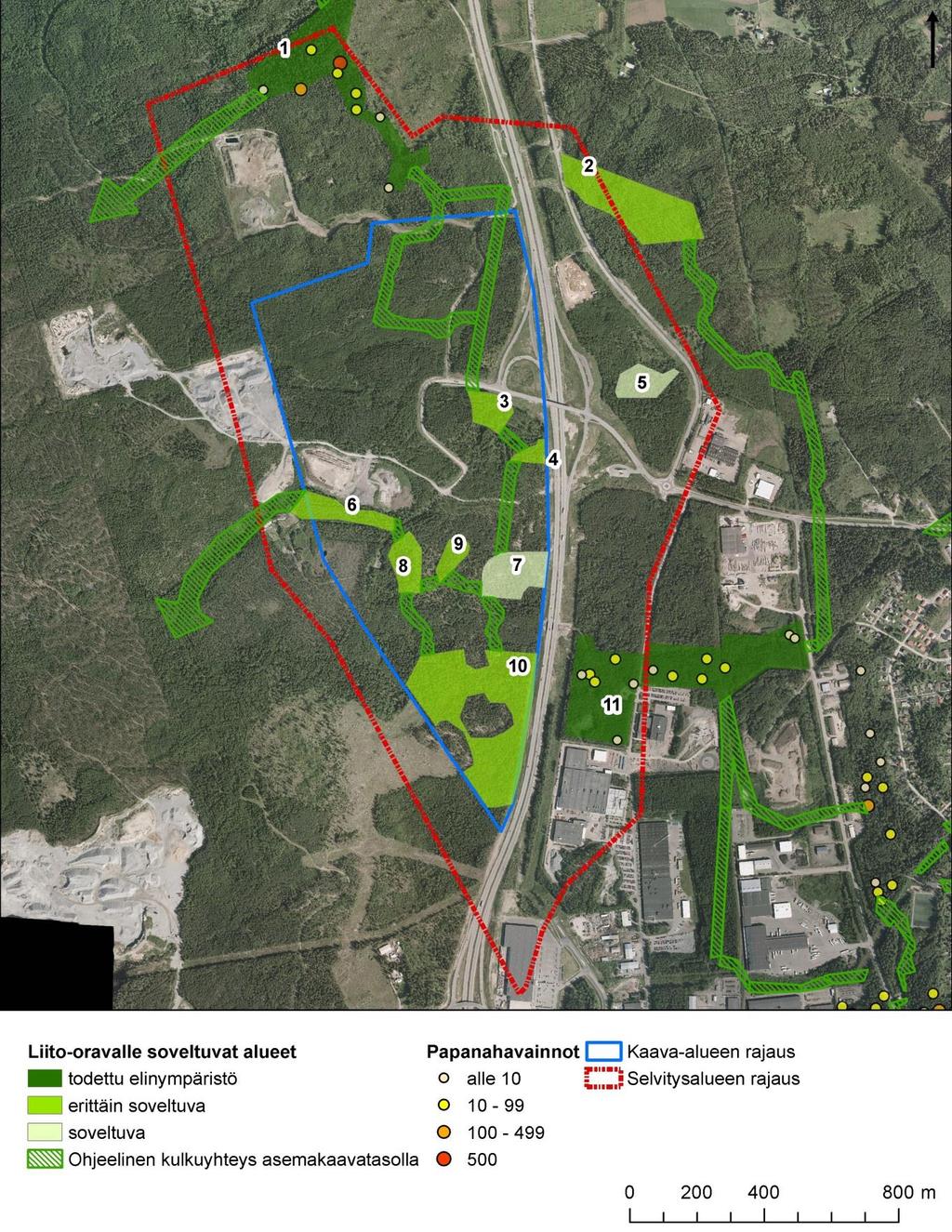 9 Kuva 5. Liito-oravan papanahavainnot, soveltuvat elinympäristöt ja kulkureitit selvitysalueella vuoden 2016 selvityksissä. Tampereen ilmakuva 2012, Tampereen kaupunki.