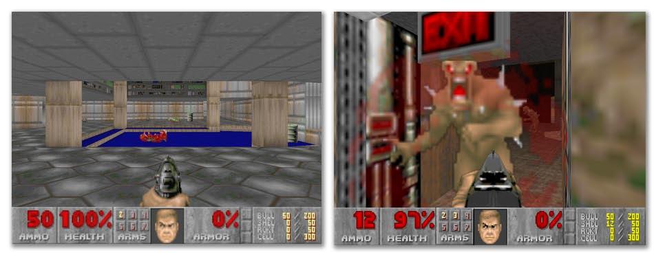 9 Kuva 3: ID Softwaren Doom 1 ja Doom 2. Doom (Kuva 3) oli ensimmäinen 3D -ympäristöön sijoittuva peli, jossa tuotiin peleihin uutena elementtinä mm.