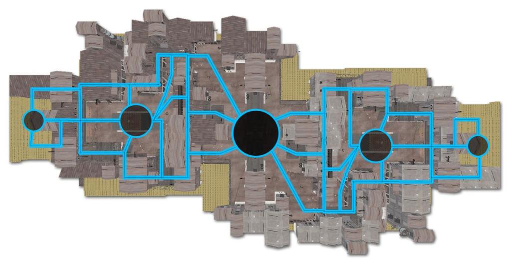 15 Kuva 7: BSP-geometrian muodoista syntyvä kartan ulkoasu. Pääreitit on merkitty sinisellä. 4.3 3D-mallien käyttö Pelimoottorien kehittyessä 3D-mallien käyttö peleissä on yleistynyt räjähdysmäisesti.