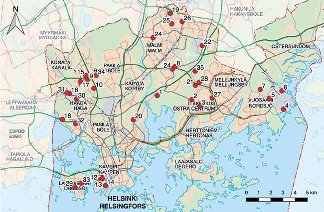 3 Aineisto ja menetelmät 3.1 Tutkimusalueet Tutkimus toteutettiin Helsingissä 1.1 31.12.2016. Tutkittavat alueet, yhteensä 35 eri puolilla Helsinkiä (kuva 3), sijaitsivat pääosin kaupungin mailla. 3.2 Alueiden valinta ja rajaus Helsingin kaupungin rakennusvirasto valitsi tutkittavat alueet.