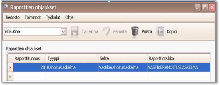 1.4.2.1 Raportin otsikkotiedot Raportin otsikkotiedot. Valitse raportin tyypiksi Rahoituslaskelma. 1.4.2.2 Raportin rivitiedot Raportin rivitiedot.