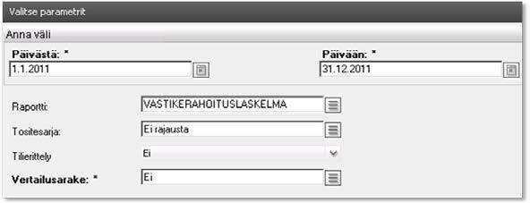 päivämäärävälistä: 1. sarakkeeseen tulostuu päivämäärävälin mukainen summa (1.12.2011 31.12.2011) 2. sarakkeeseen tulostuu edellisen tilikauden vastaava summa (1.1.2010 31.