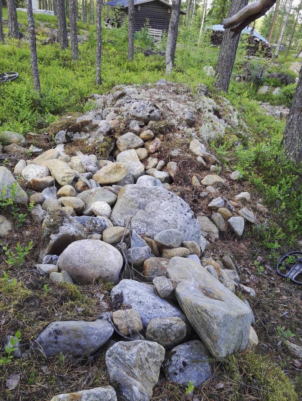 Kuva 2 harrastajien tutkima kivilatomus. Alueella kasvaa runsaasti sammalta ja varpuja, joten mahdollisten muiden pintaturpeen alle jäävien matalien röykkiöiden havaitseminen on haasteellista.