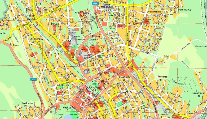 Suunnittelualueen sijainti kaupunkirakenteessa punaisella ympyröitynä. Suunnittelualueen maanomistus, raitarasterilla rajattu maa-alue on kaupungin omistuksessa.