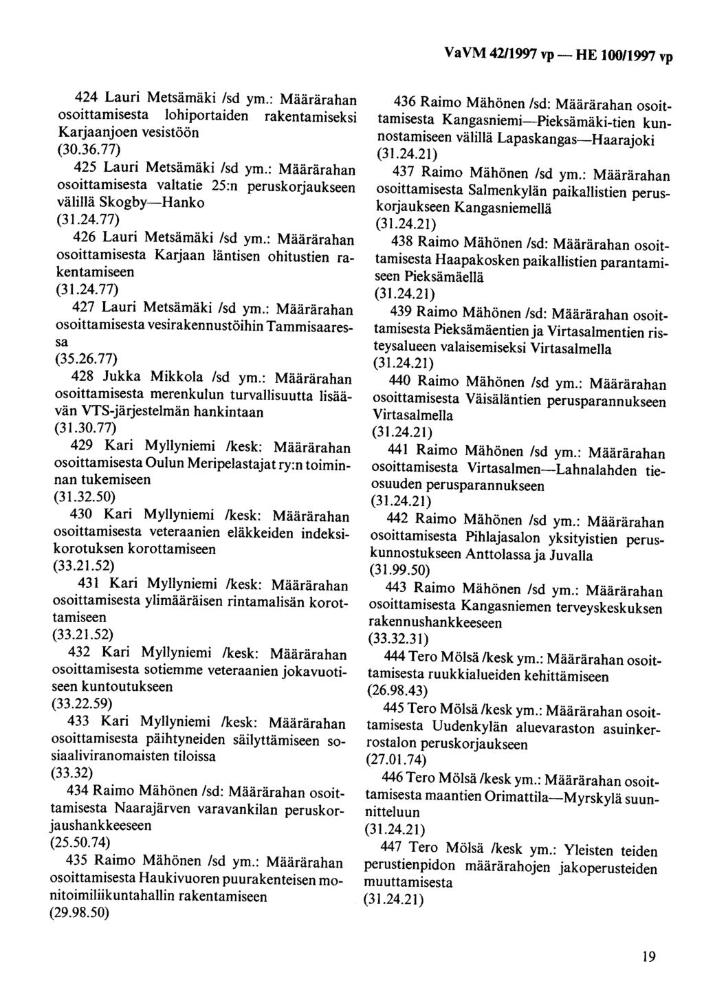 424 Lauri Metsämäki /sd ym.: Määrärahan osoittamisesta lohiportaiden rakentamiseksi Karjaanjoen vesistöön (30.36.77) 425 Lauri Metsämäki /sd ym.