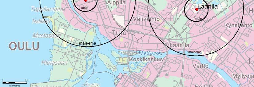 Laanilassa hankealue sijoittuu keskelle Kemiran tehdasaluetta. Maisemallisia vaikutuksia tarkastellaan muutaman sadan metrin etäisyydelle laitosalueesta (kuva 24). Kuva 24.