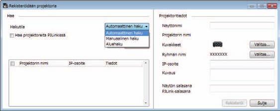 Projektorien rekisteröinti seurnt vrten 12 Seurtksesi ti ohjtksesi projektoreit, sinun on rekisteröitävä projektorit Epson Projector Mngement -ohjelmistoon.