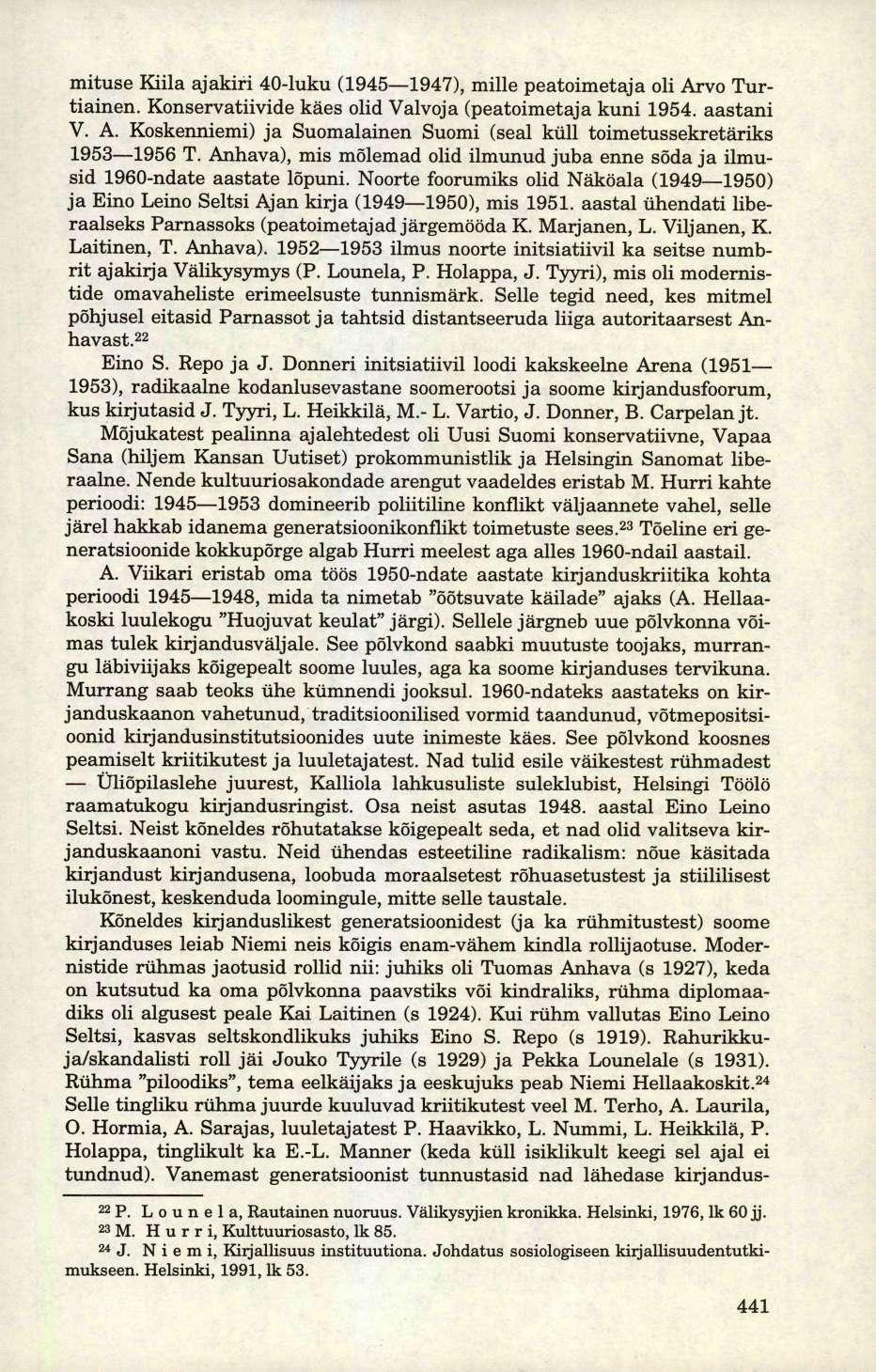 mituse Kiila ajakiri 40-luku (1945 1947), mille peatoimetaja oli Arvo Turtiainen. Konservatiivide käes olid Valvoja (peatoimetaja kuni 1954. aastani V. A. Koskenniemi) ja Suomalainen Suomi (seal küll toimetussekretäriks 1953 1956 T.