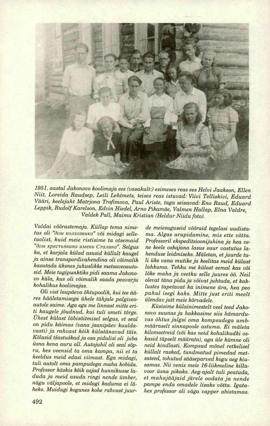 1951. aastal Jakonovo koolimaja ees (vasakult:) esimeses reas ees Helvi Jaakson, Ellen Niit, Loreida Raudsep, Leili Lehtmets, teises reas istuvad: Viivi Telliskivi, Eduard Vääri, keelejuht Matrjona