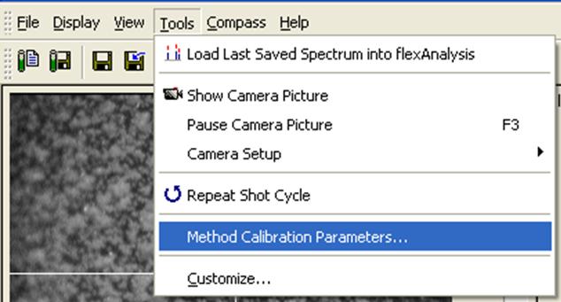 4. Valitse Tools > Method Calibration Parameters ( Kuva 6 ) flexcontrol- menetelmä kalibrointiasetusten asettamiseksi tai tarkistamiseksi.