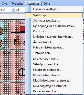 Communicator 5:n asetukset Asetuksiin pääsee tekemään muutoksia valikkoriviltä: