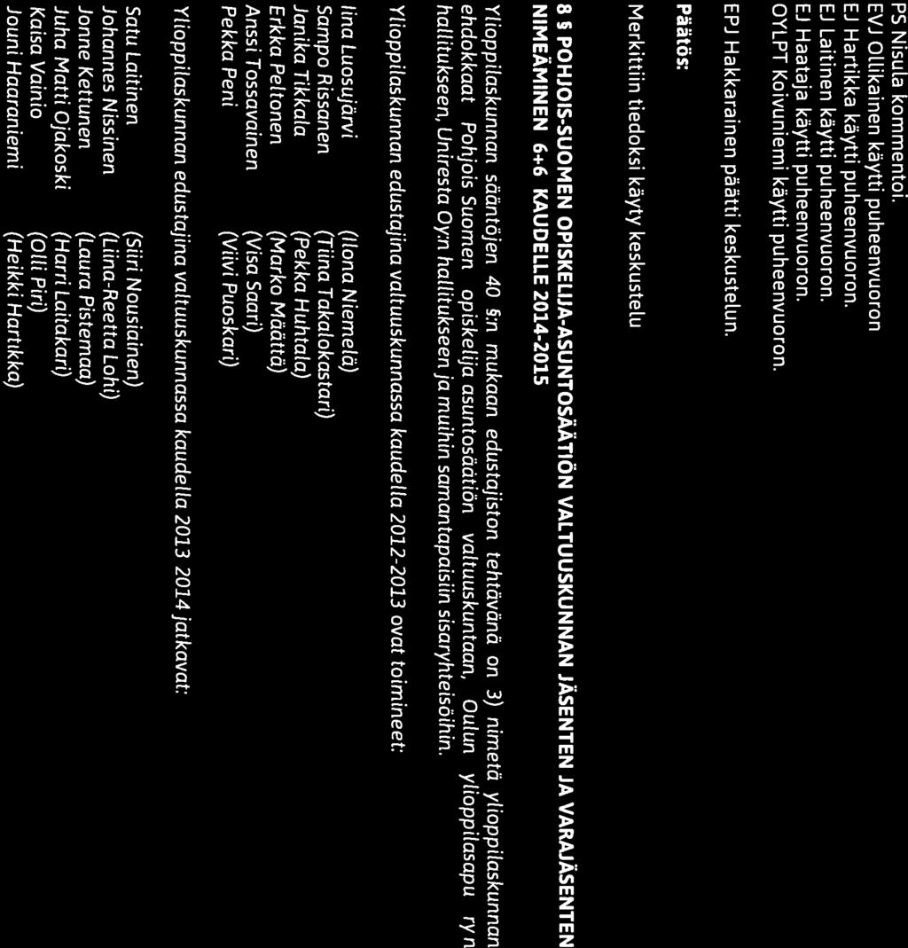 O,k\V/A\VII OULUN Pöytäkirja ((())Y(( y(( YLIOPISTON Kokouksen nro 08/2013 % YLIOPPILASKUNTA PS Nisula kommentoi. EVJ Ol.likainen käytti puheenvuoron. EJ Hartikka käytti puheenvuoron.