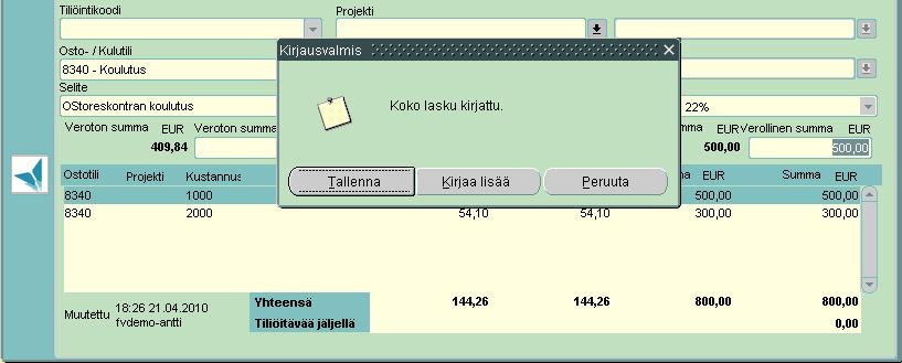 Ohjelma ilmoittaa kun laskun kirjaus on valmis.