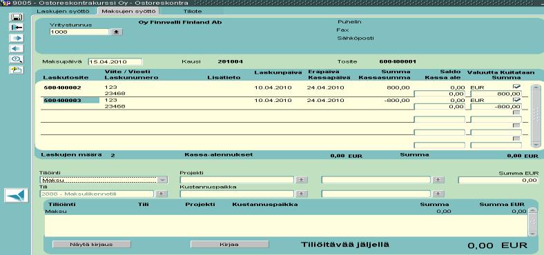 4.5 Hyvityslaskun- ja veloituslaskun kohdistaminen Hyvitys-ja veloituslaskun kohdistaminen tehdään maksun syöttö -ruudulla valitsemalla kuitattavat laskut.