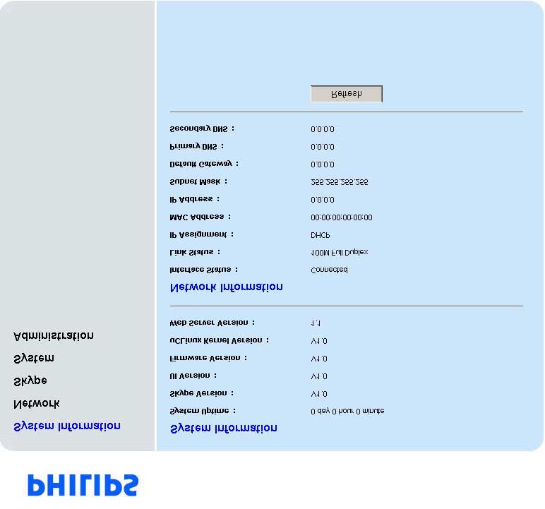 Järjestelmäsivu Voit päivittää puhelimen käyttöjärjestelmän tältä sivulta. Sinun on ensin imuroitava viimeisin ohjelma Philips Consumer Electronics websivulta, philips.com.