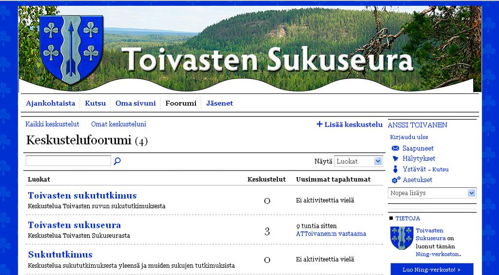 Toivasten Sukuseuran keskustelufoorumin Luokat näkymä Foorumi valittaessa avautuu tällainen näkymä Foorumin Luokat eli keskustelualueet.