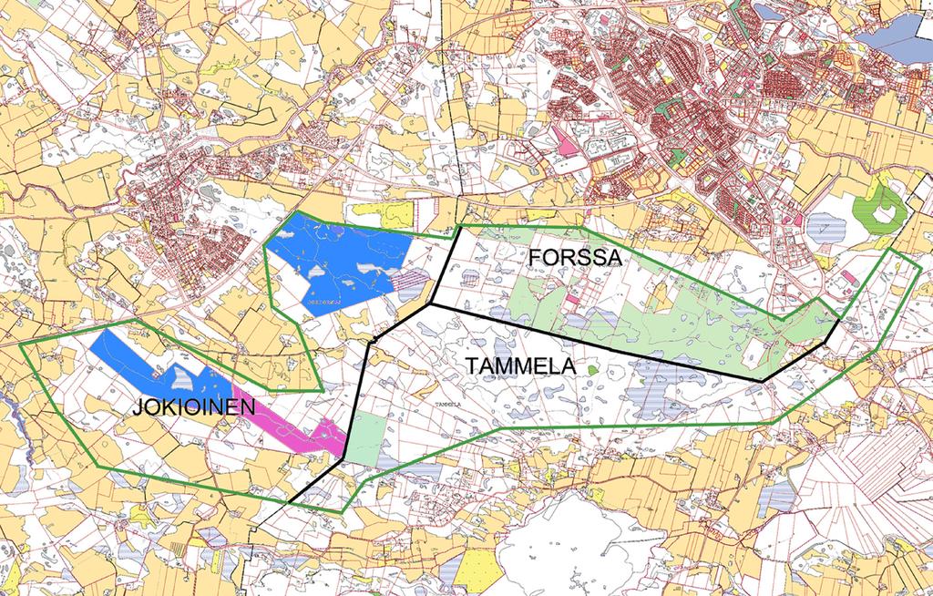 Maanomistus- Alueet ovat pääosin yksityisessä omistuksessa. Kaupunki ja kunta omistavat vihreällä osoitetut alueet, siniset ovat valtion ja lila Mustialan yhteismetsä osakaskunnan omistuksessa.
