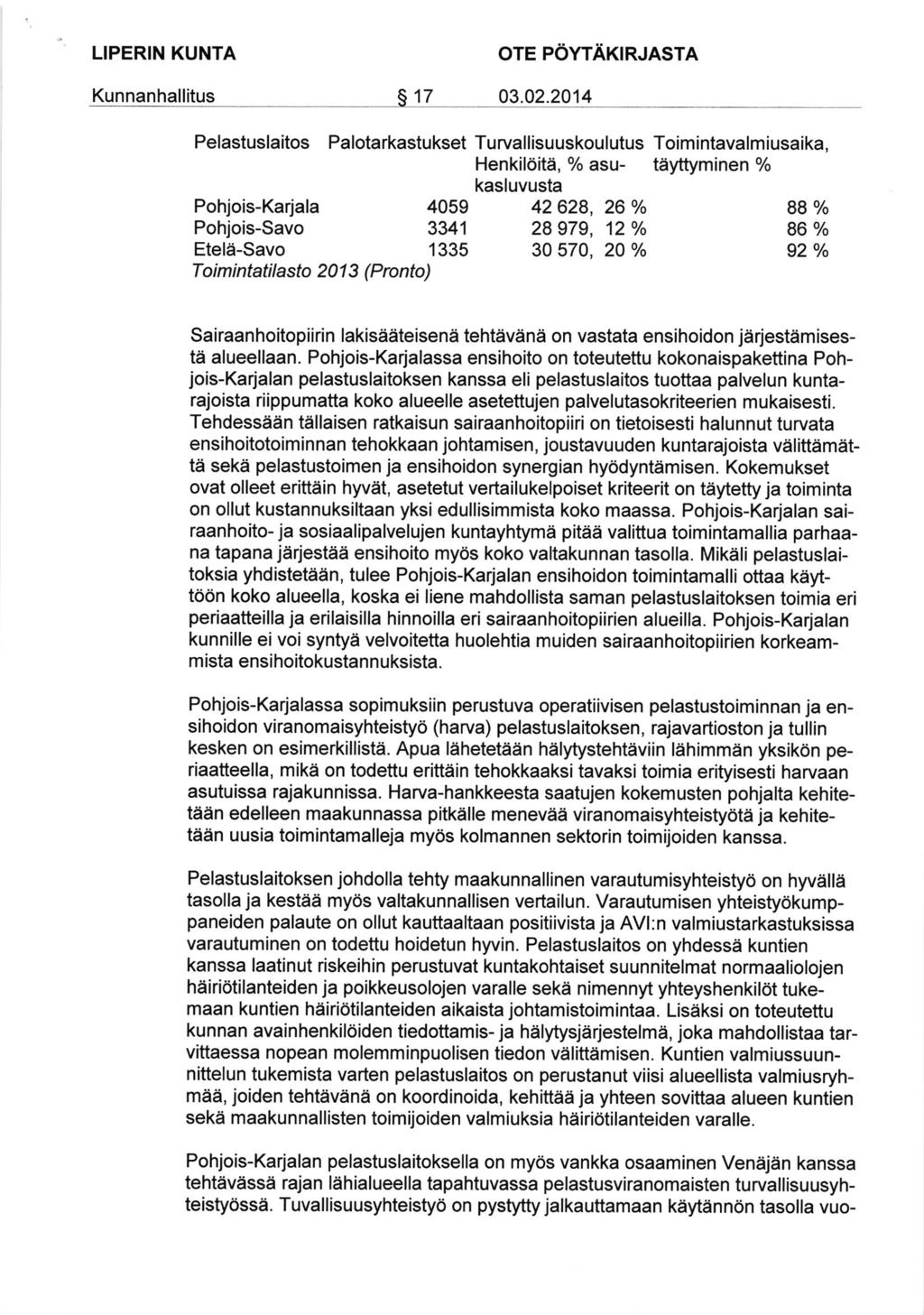Pelastuslaitos Palotarkastukset Toimintavalmiusaika, tiyftyminen % Pohjois-Karjala Pohjois-Savo Etele-Savo Toimintatilasto 201 3 (Pronto) Sairaanhoitopiirin lakisddteisena tehtevana on vastata
