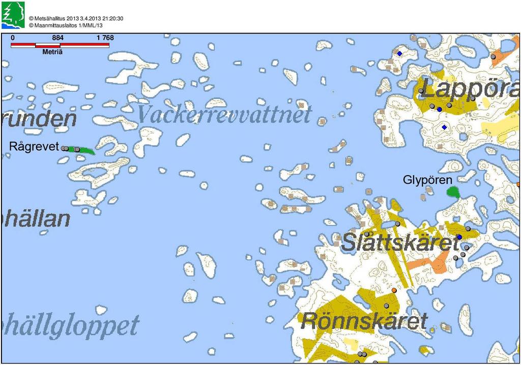 6 Kartta 2. Inventoidut saaret Rågrevet ja Glypören (vihreät alueet).
