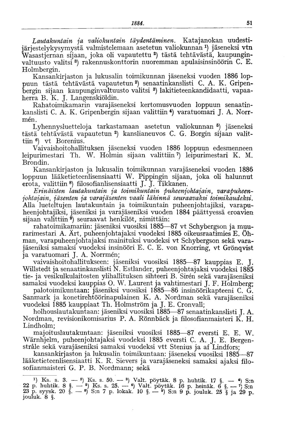 1884. 51 Lautakuntain ja valiokuntain täydentäminen.