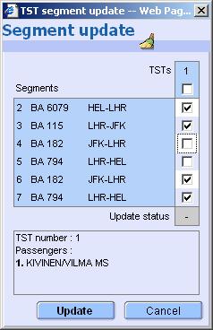 valitse vanhat lennot pois hinnoittelusta valitse uudet lennot hinnoitteluun Paina Update. Saat ilmoituksen: Update successful.
