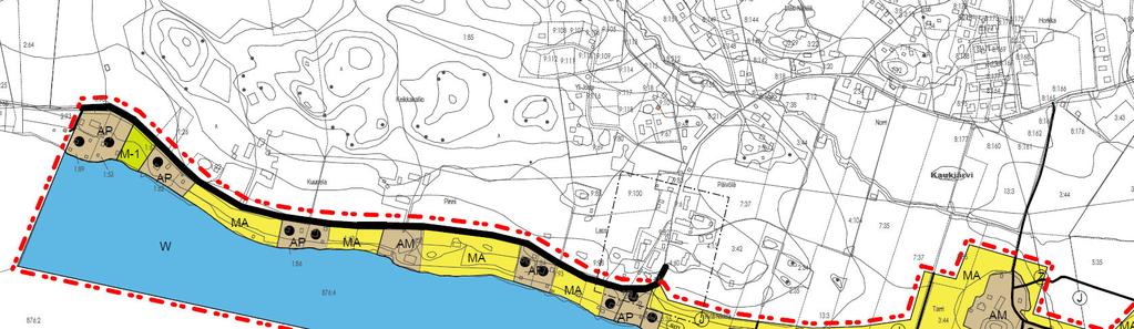 5.5.2 Kaukjärven pohjoisrannan länsiosa Kaavassa on osoitettu alueella olevat vapaa-ajankäyttöön tarkoitetut rakennuspaikat vakituisen asumisen rakennuspaikoiksi ( / AP).