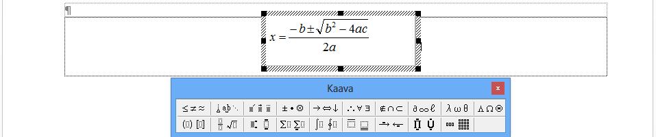 Kelluva kaava-objekti Matemaattisiin tehtäviin ryhmitellyt pudotusvalikot Kuva 146 Kaava ( Equation) - työkalurivi Ohjelman valittuasi esiin tulee objekti ja työkalurivi.