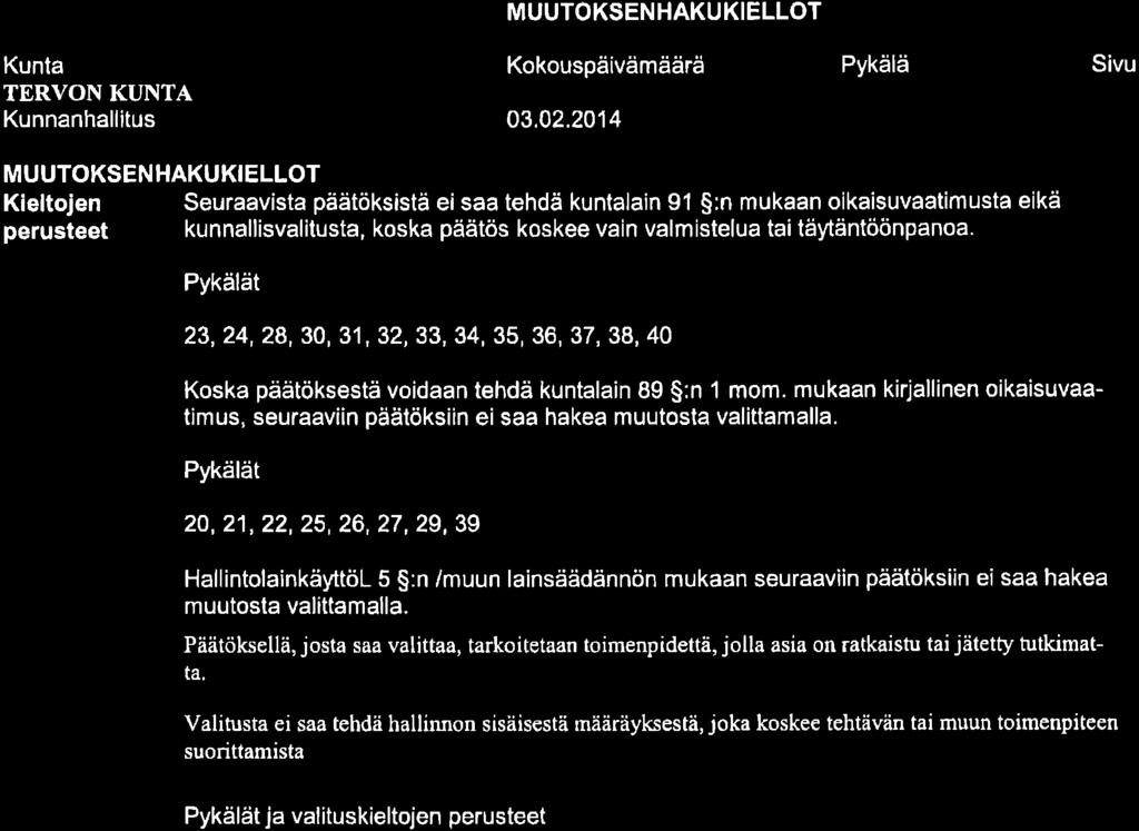 Kunta TERVON KUNTA MUUTOKSENHAKUKIELLOT Kokouspäivämäärä Pykälä 03,02.