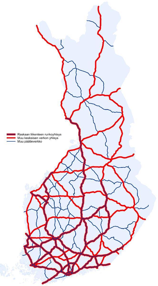 Keskeinen päätieverkko ja raskaan liikenteen runkoyhteydet Keskeinen päätieverkko (~8 500 km) yhdistää maakuntakeskukset ja tärkeät aluekeskukset ja sillä on merkittävä rooli elinkeinoelämän