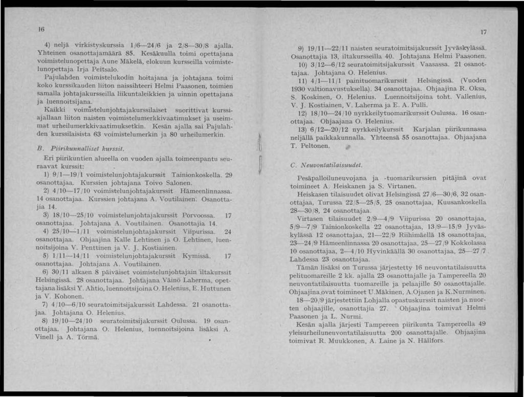 16 4) neljä virkistyskurssia 1/6-24 /6 ja 2/8-30/8 ajalla. Yhteinen osanottajamäärä 85.