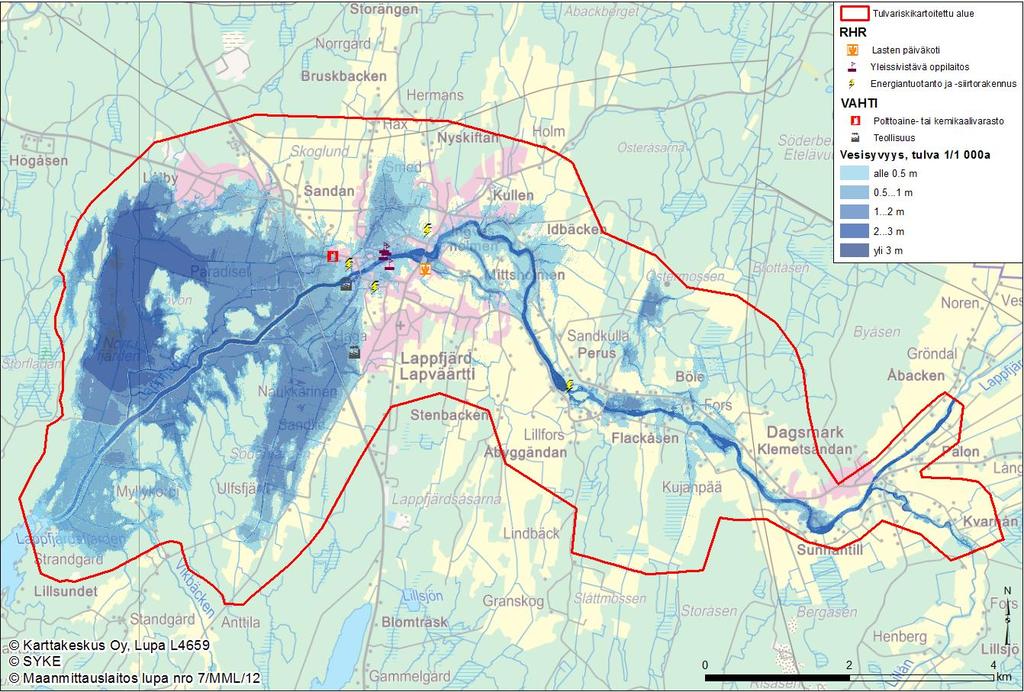 Tulvariskikartoitusraportti Liite 5. Lapväärtintien varrella sijaitseva polttonesteiden jakeluasema on vaarassa kastua 1/250a tulvalla.