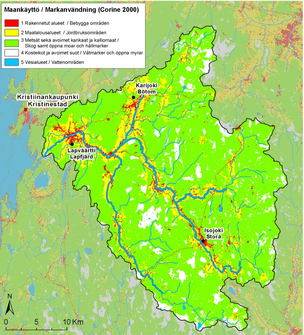 SYKE, Etelä-Pohjanmaan ELY-keskus 2011; Corine 2000 Maankäyttöluokka Pinta-ala [ha] % Rakennetut alueet 3 288 3,0 Maatalousalueet 14 737 13,4 Metsät sekä avoimet kankaat