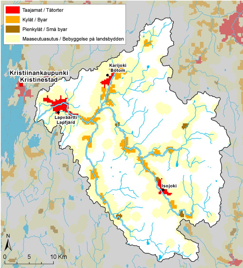 Kuva 10. Yhdyskuntarakenne Lapväärtin-Isojoen vesistöalueella (2011).