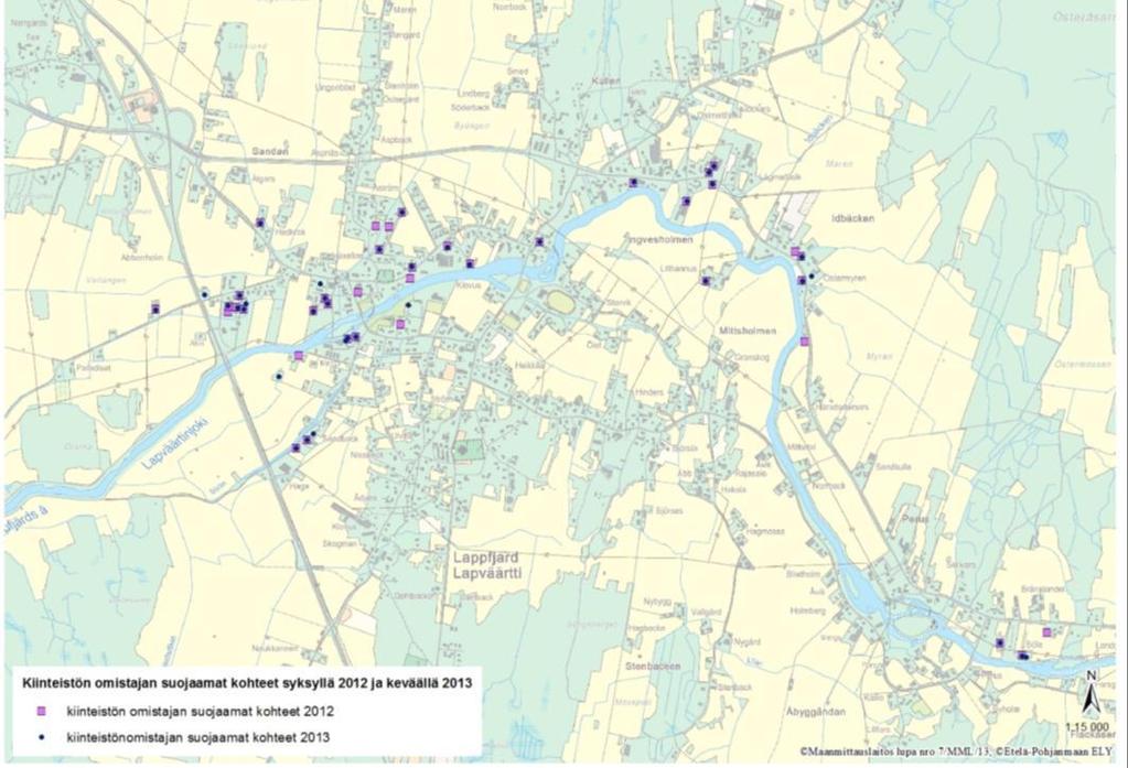 Kuva 28. Kyselyn perusteella tunnistetut Lapväärtinjoen alaosan tulvavahinkokohteet syksyllä 2012 ja keväällä 2013.