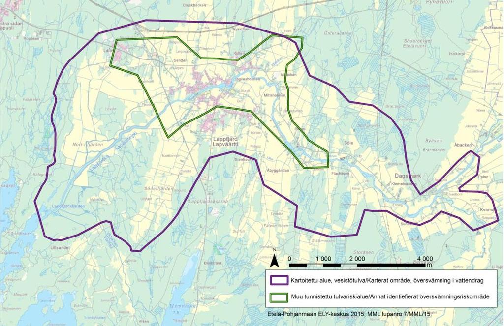 Kuva 33. Lapväärtin-Isojoen vesistöalueella tulvavaarakartoitetut alueet (2014). Virtausmallinnuksen virtaamat määritettiin Peruksen mittausaseman vuosien 1970 2013 havaintojen avulla.