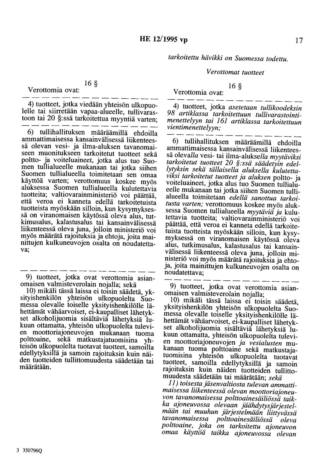 HE 12/1995 vp 17 tarkoitettu hävikki on Suomessa todettu.