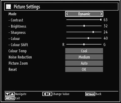 Picture Settings Menu Items Mode: For your viewing requirements, you can set the related mode option. Picture mode can be set to one of these options: Cinema,Game,Dynamic and Natural.