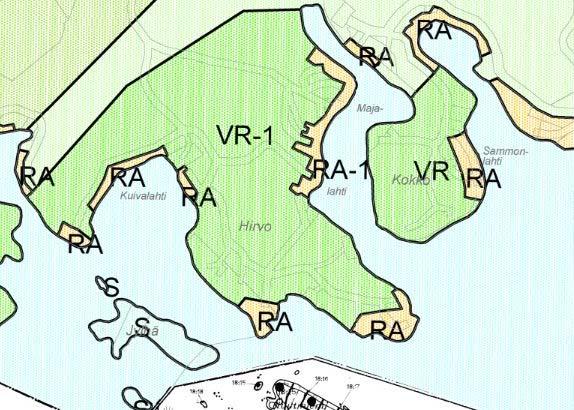 Hirvonniemeen on osoitettu loma-asuntoalueita (RA) sekä retkeily- ja ulkoilualue (VR-1). Kuva 4. Ote Hämeenlinnan yleiskaavasta (1984).