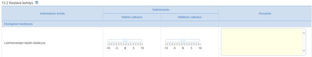 Kestävä kehitys Arvioidaan hankehakemuksella onko hankkeella välittömiä tai välillisiä vaikutuksia kestävän kehityksen kysymyksiin.