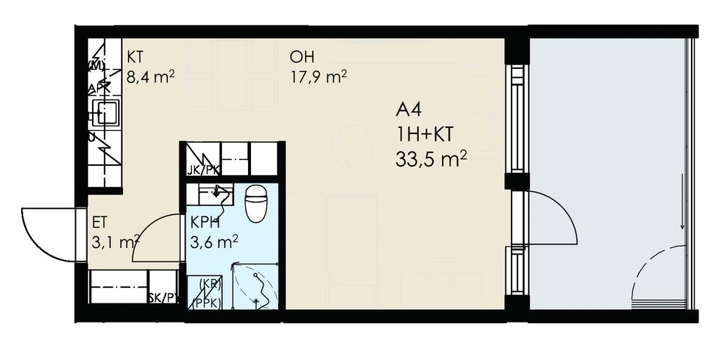 1h + kt 33,5m²