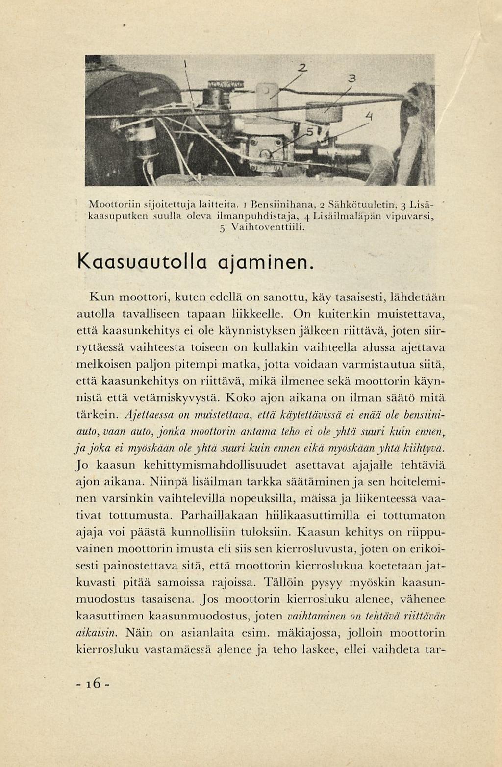 Moottoriin sijoitettuja laitteita, i Bensiinihana, a Sähkötuuletin, 3 Lisä kaasuputken suulla oleva ilmanpuhdistaja, 4 Lisäilrnaläpän vipuvarsi 5 Vaihtoventtiili.