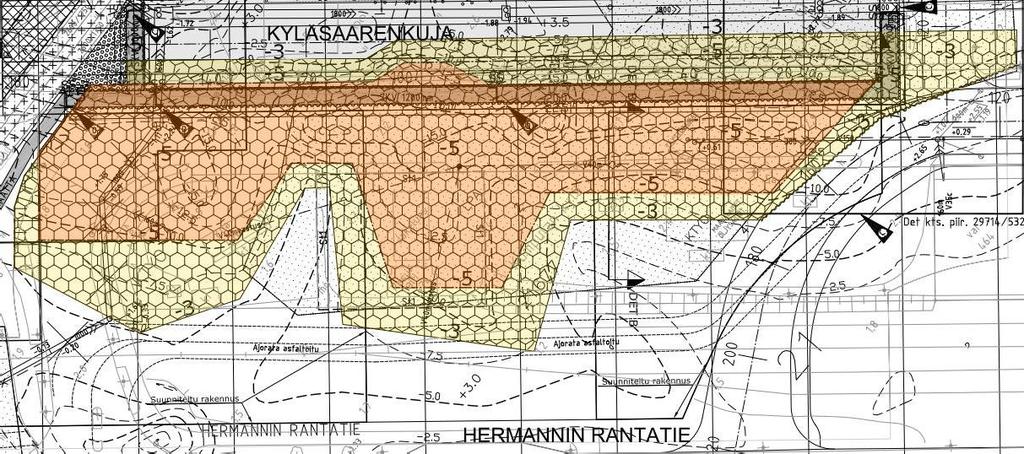 11 (23) Kyläsaarenkujan rakentamisen yhteydessä on jouduttu alueellisen vakavuuden varmistamiseksi tekemään kevennyskaivua Hermannin rantatien ja Kyläsaarenkujan välisellä alueella.