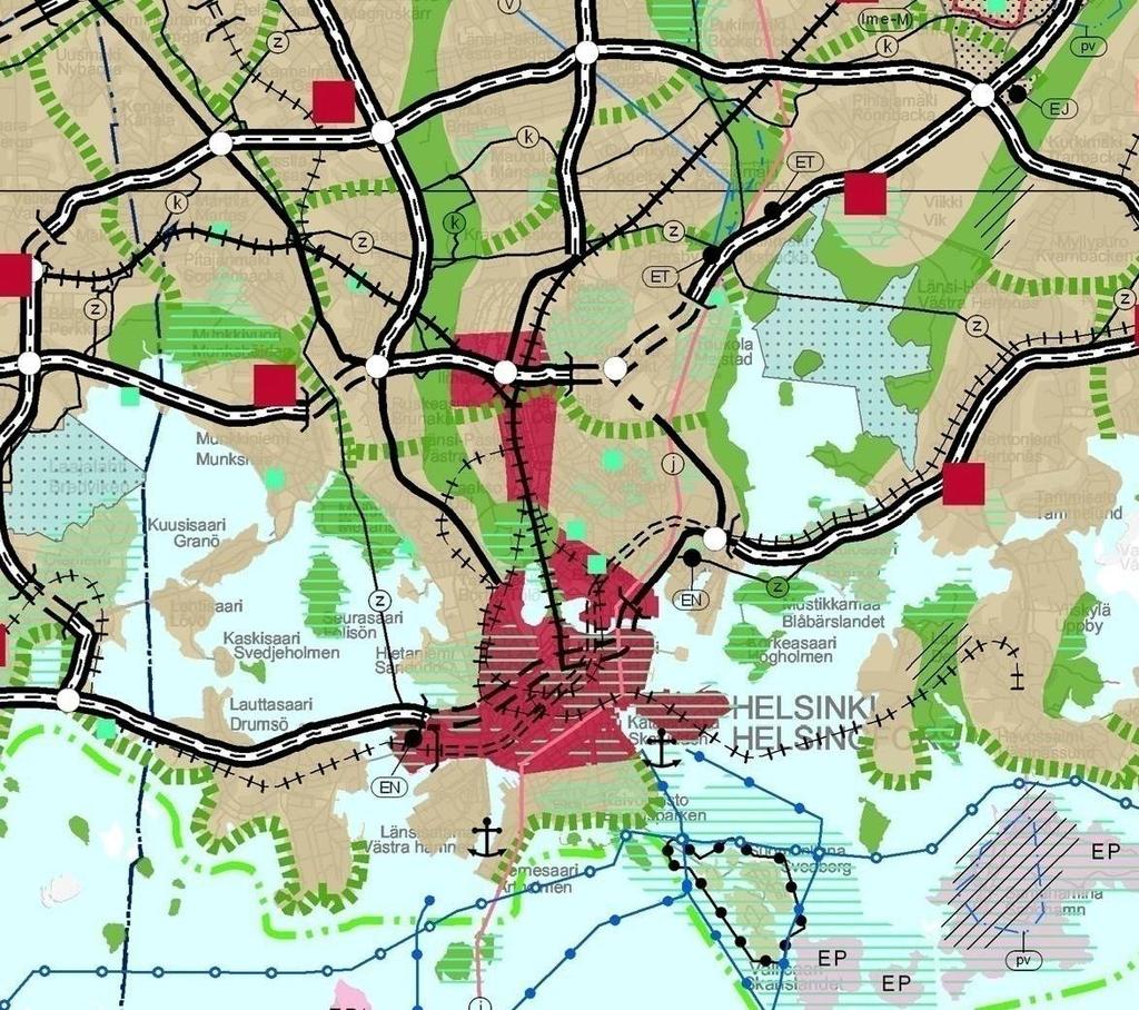 MERKINNÄT Taajamatoimintojen alue Keskustatoimintojen alue Virkistysalue Viheryhteystarve Luonnonsuojelualue Energia- ja/tai jätehuoltoon varattu alue Yhdyskuntateknisen huollon alue Moottoriväylä