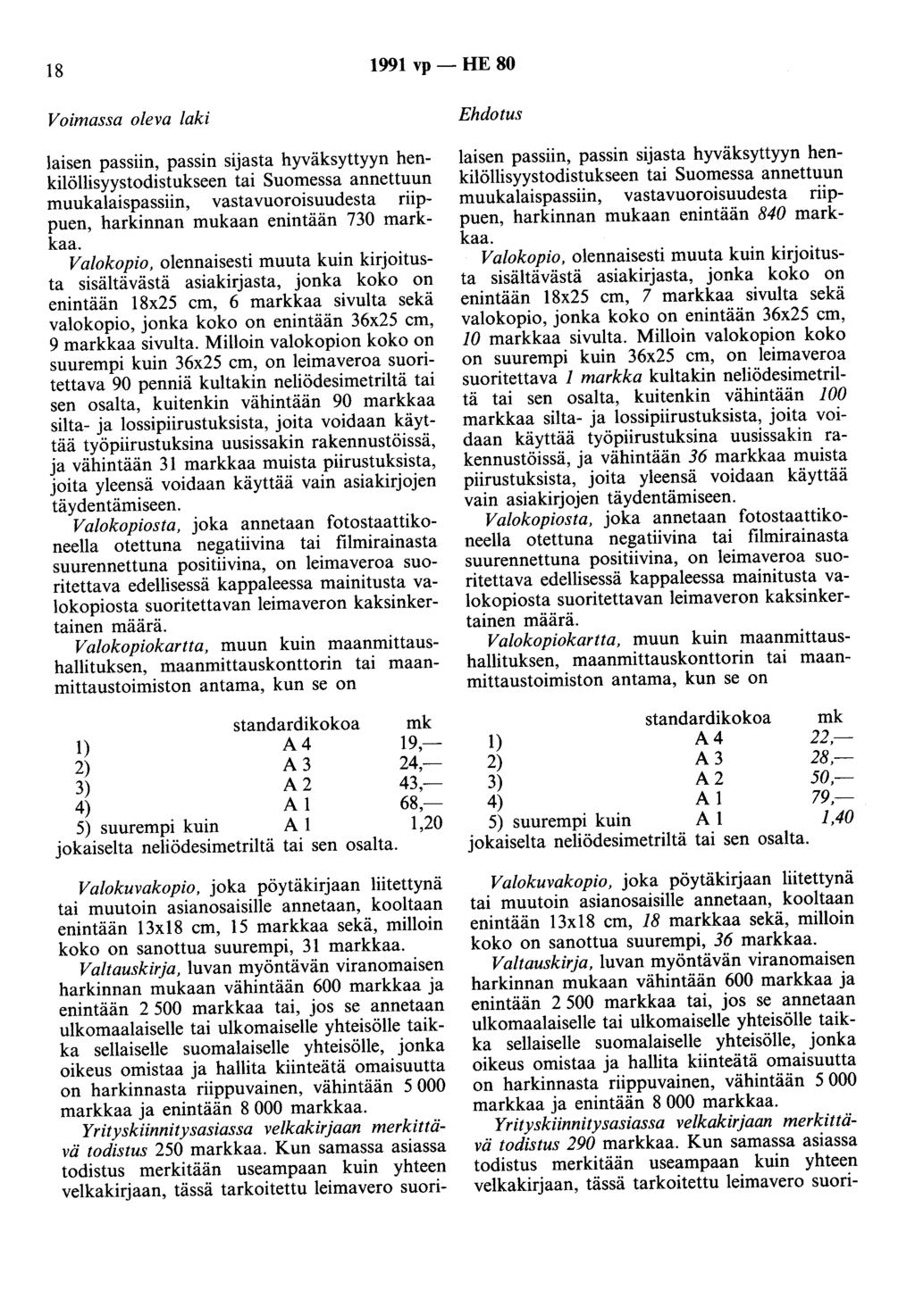 18 1991 vp - HE 80 laisen passiin, passin sijasta hyväksyttyyn henkilöllisyystodistukseen tai Suomessa annettuun muukalaispassiin, vastavuoroisuudesta riippuen, harkinnan mukaan enintään 730 markkaa.