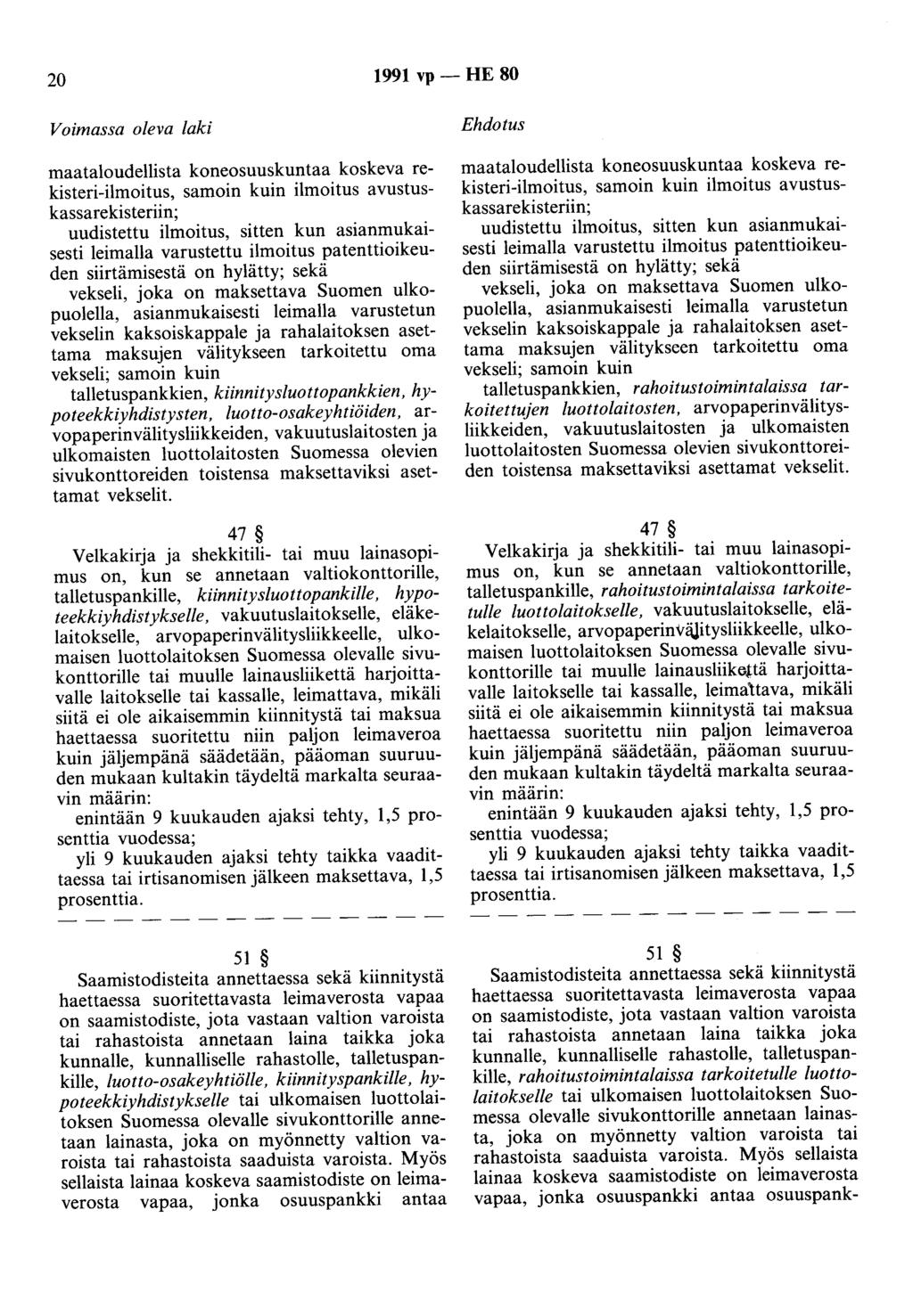 20 1991 vp - HE 80 maataloudellista koneosuuskuntaa koskeva rekisteri-ilmoitus, samoin kuin ilmoitus avustuskassarekisteriin; uudistettu ilmoitus, sitten kun asianmukaisesti leimalla varustettu