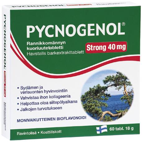 Hengitä helpommin PYCNOGENOL STRONG Monivaikutteinen rannikkomännyn kuoriuutevalmiste. Ravitsemuksellinen tuki siitepölyaikana. Vahvistaa ihon ja limakalvojen kollageenia.